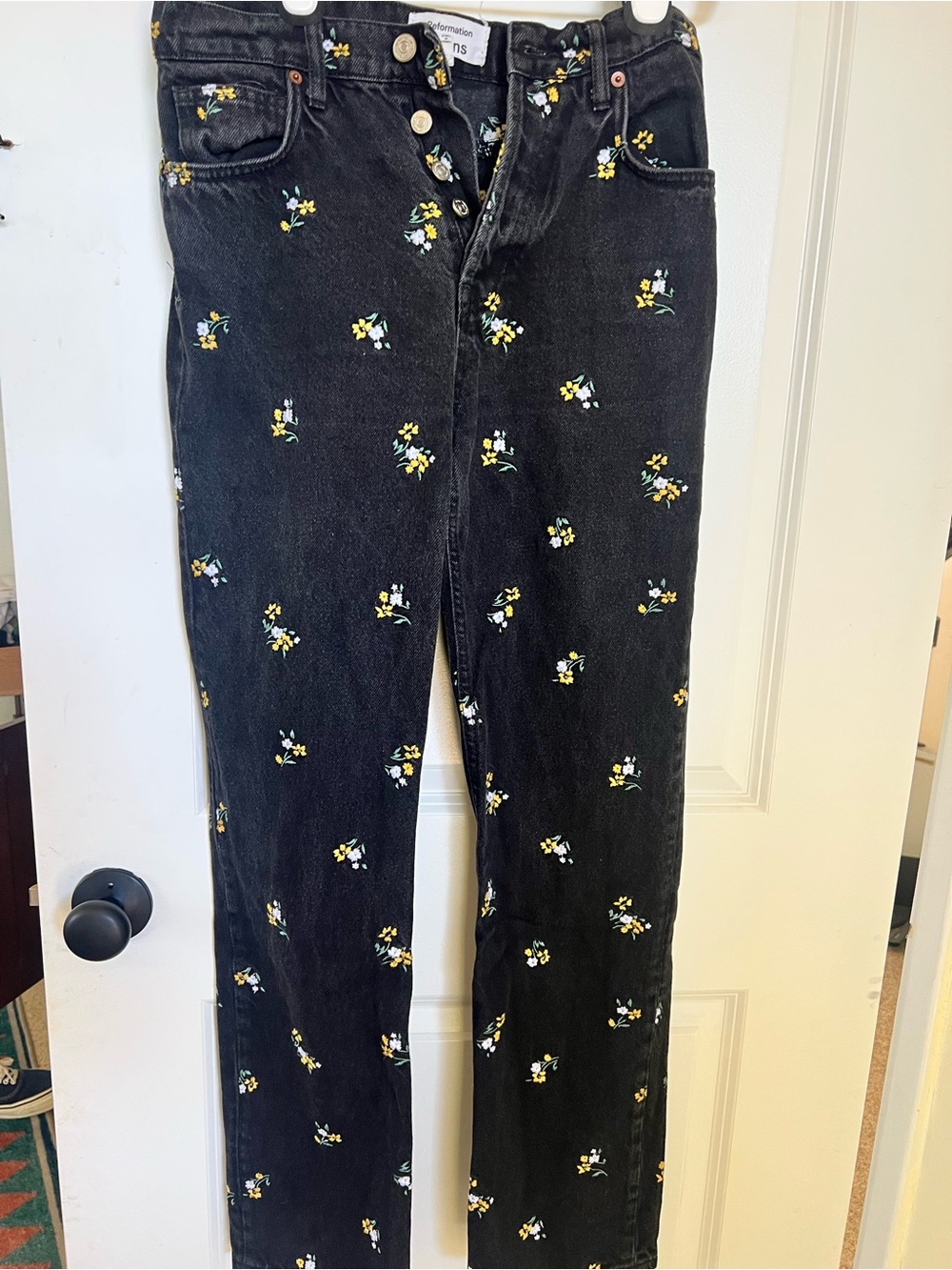 Reformation Black Straight-Leg Jeans with Yellow & White Floral Embroidery